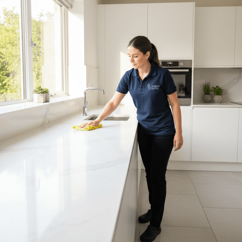 Professional cleaner cleaning kitchen counter