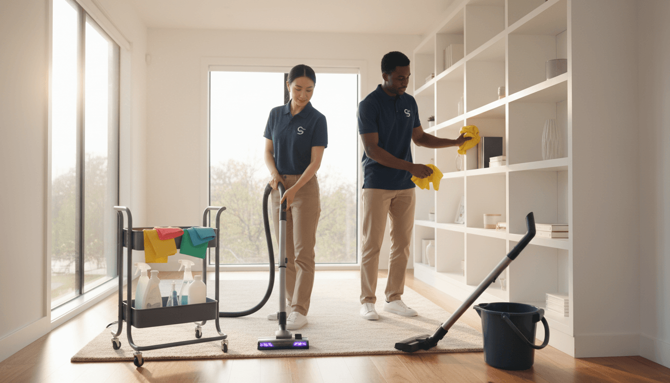 Professional cleaner preparing cleaning supplies in a bright home