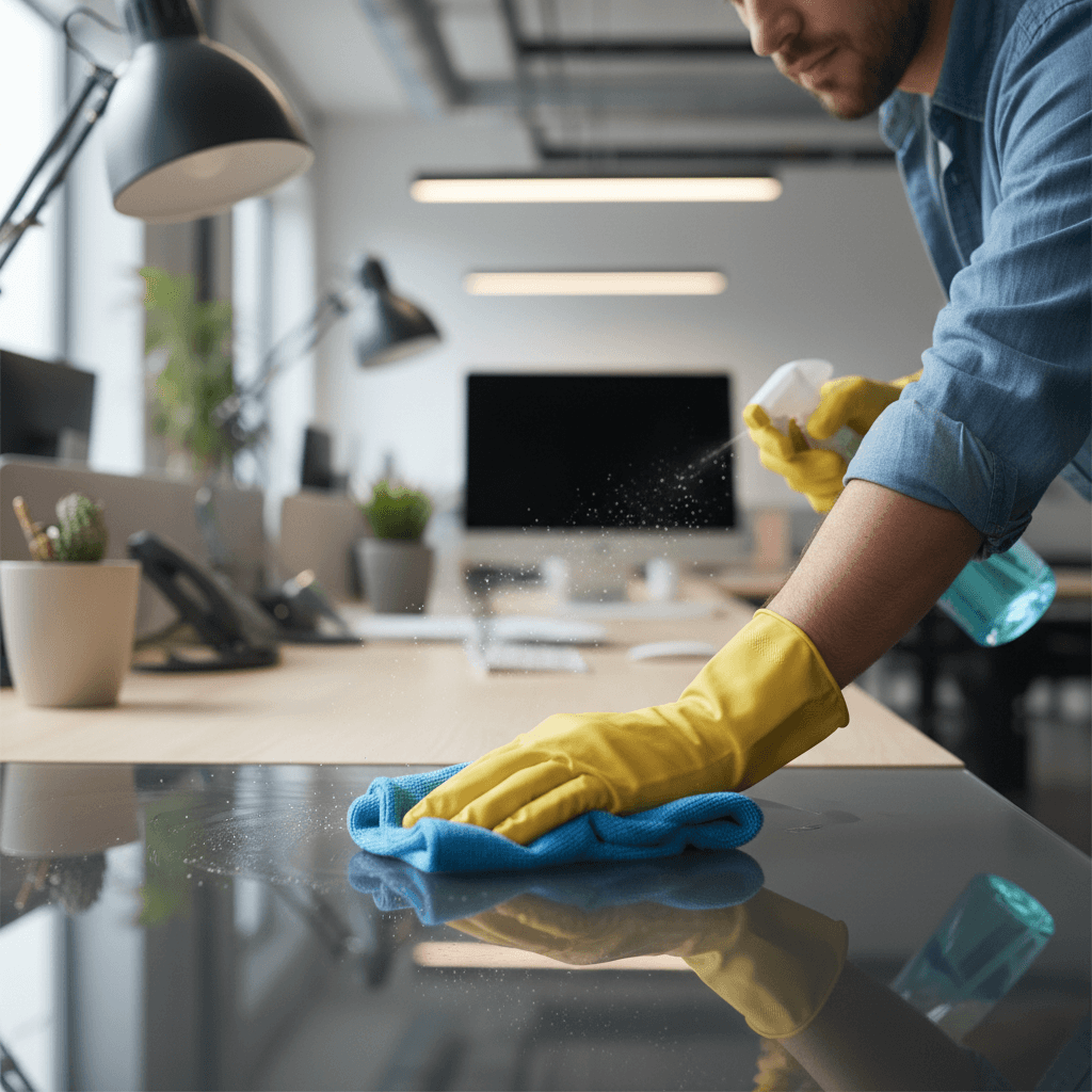 Professional cleaner cleaning office desk
