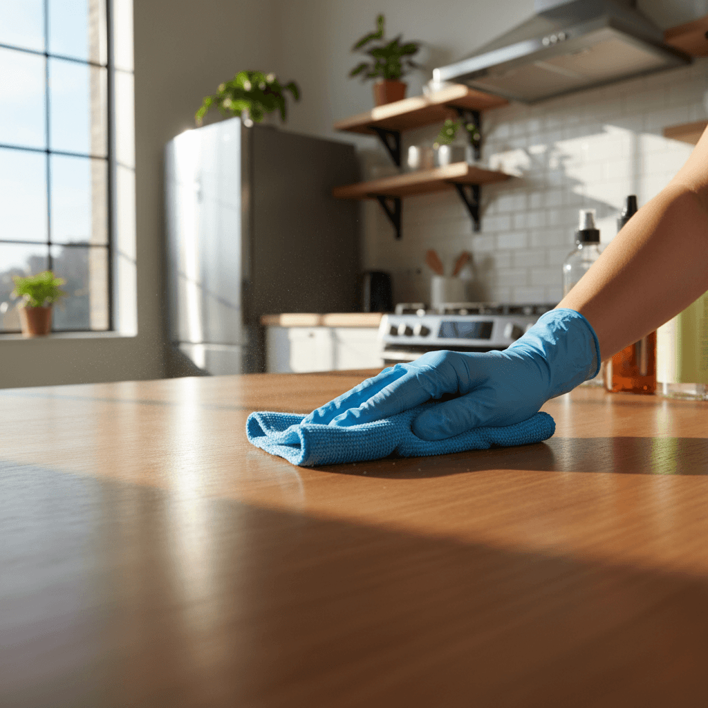 Professional domestic cleaning service in modern kitchen
